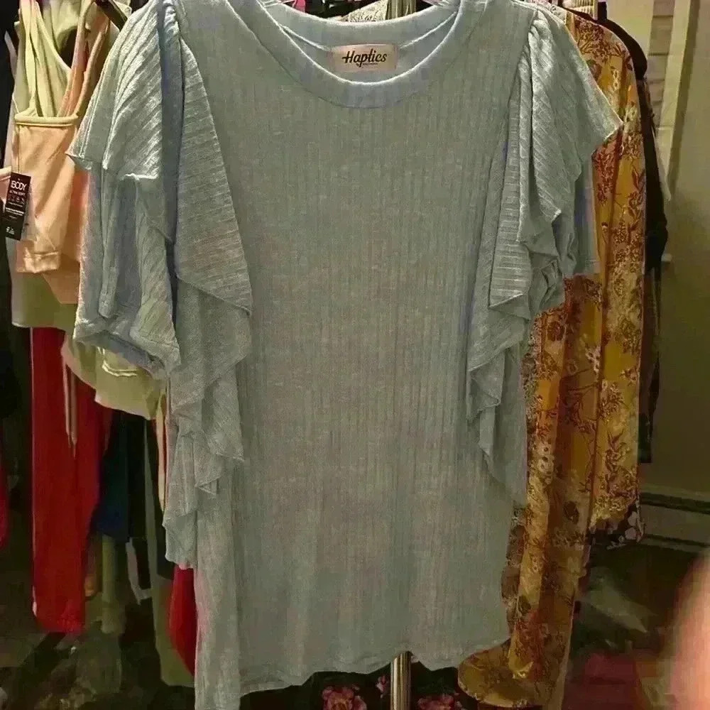 Baby Blue Ribbed Double Flutter‎ Short Sleeve Top - Picture 5 of 6